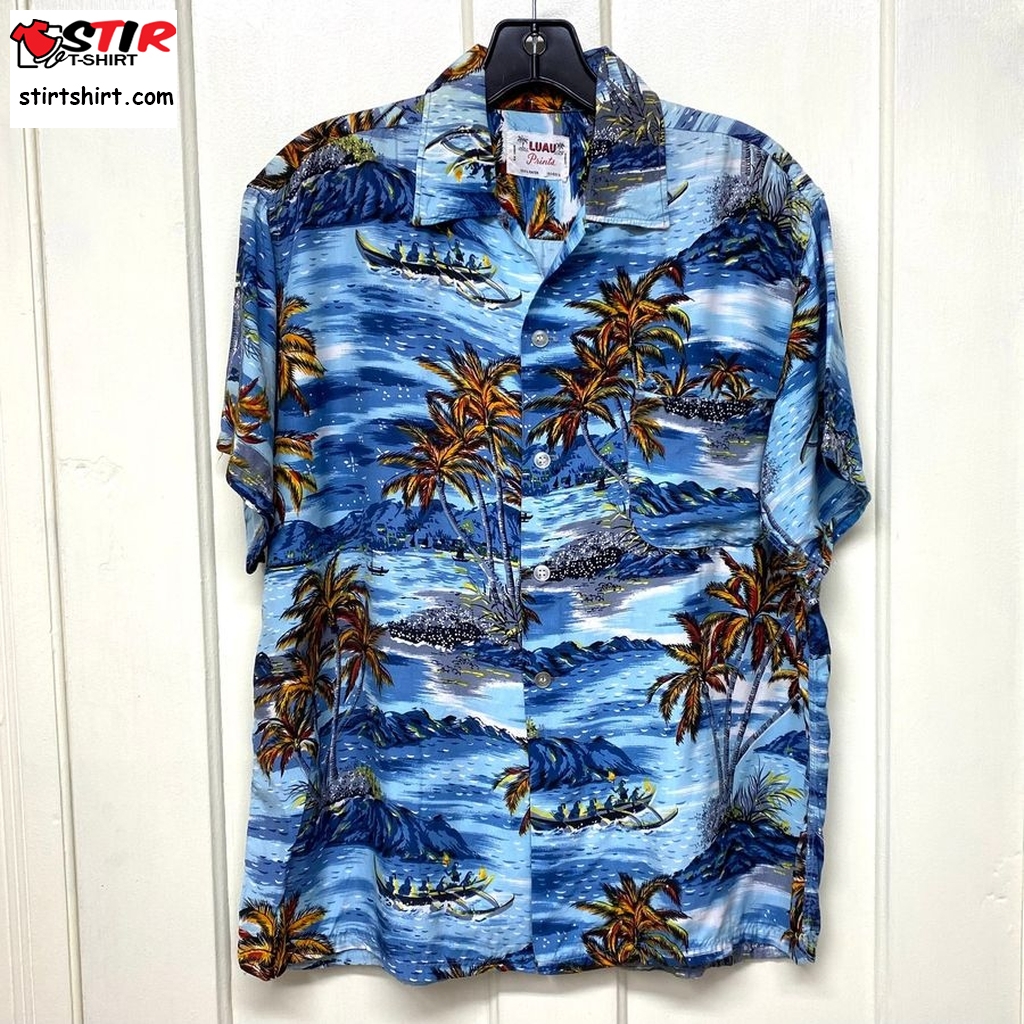 1950S Blue Silky Rayon Hawaiian Shirt Size M Luau Prints Made In Japan Catamarans  s Blue