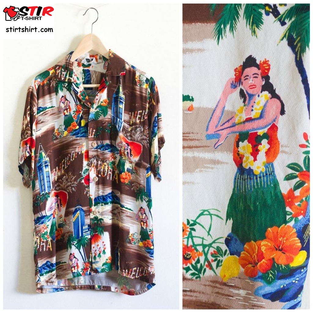 1950S Iolani Hawaiian Shirt With Hula Girl Print