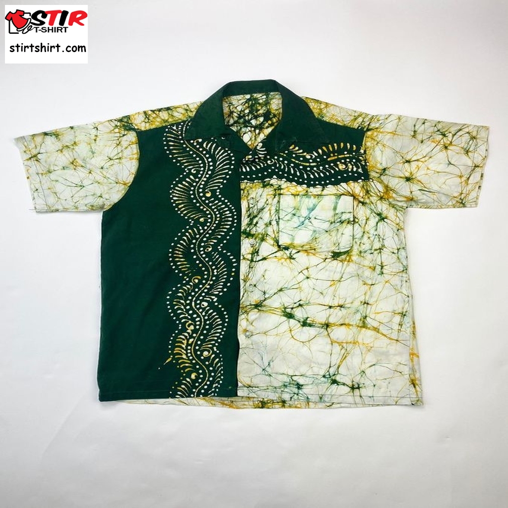 1960S Barkcloth Batik Style Hawaiian Print Cotton Midcentury Mod Green Shirt  Size Small  s Green