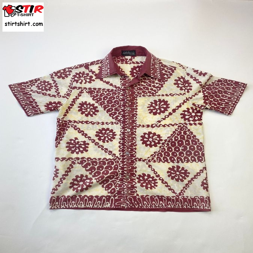 1960S Original Batik Hawaiian Cotton Printed Tiki Shirt In Red, White & Yellow  145'' Xs  s Red