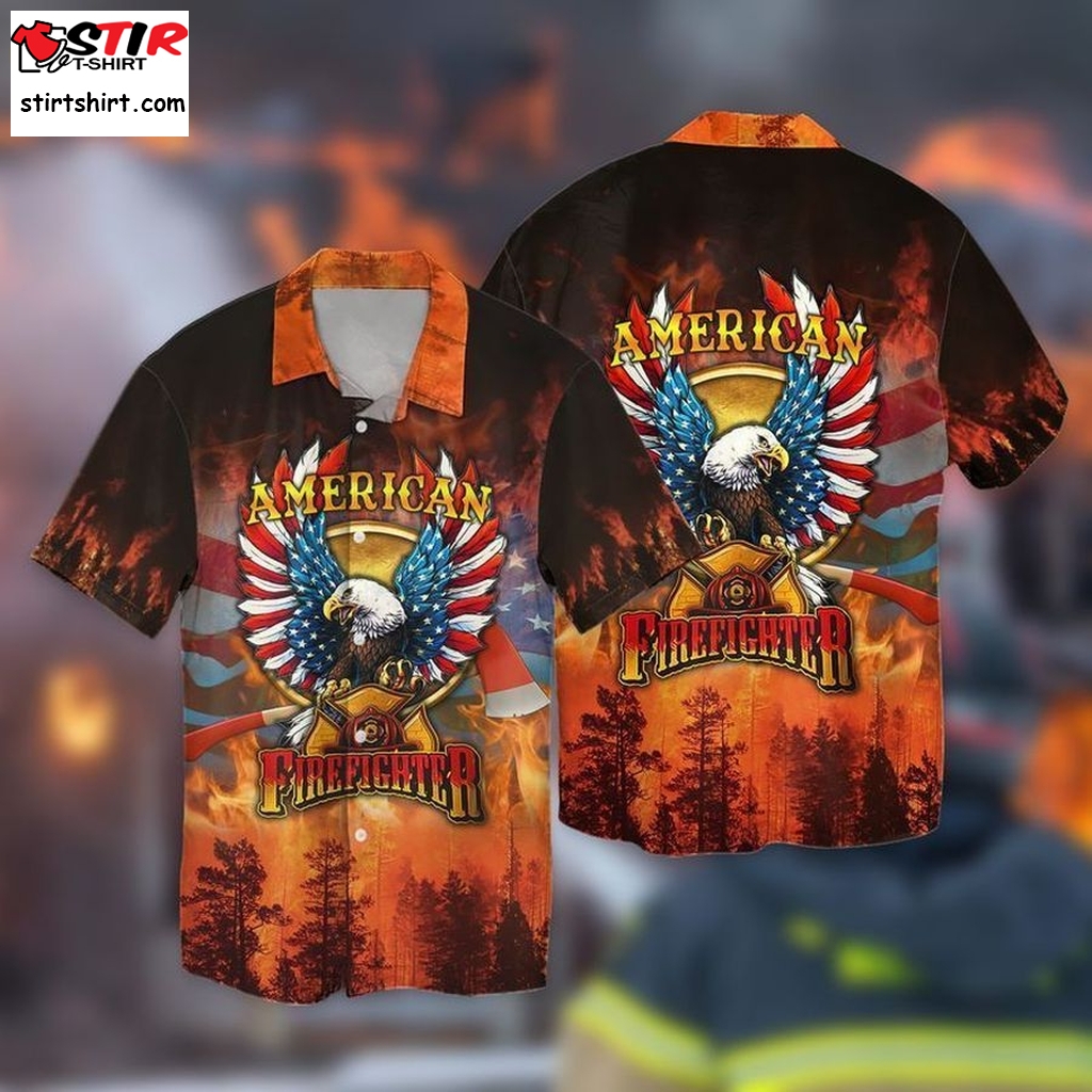 4Th Of July Independence Day American Firefighter Eagle Graphic Print Short Sleeve Hawaiian Casual Shirt Y97   Store