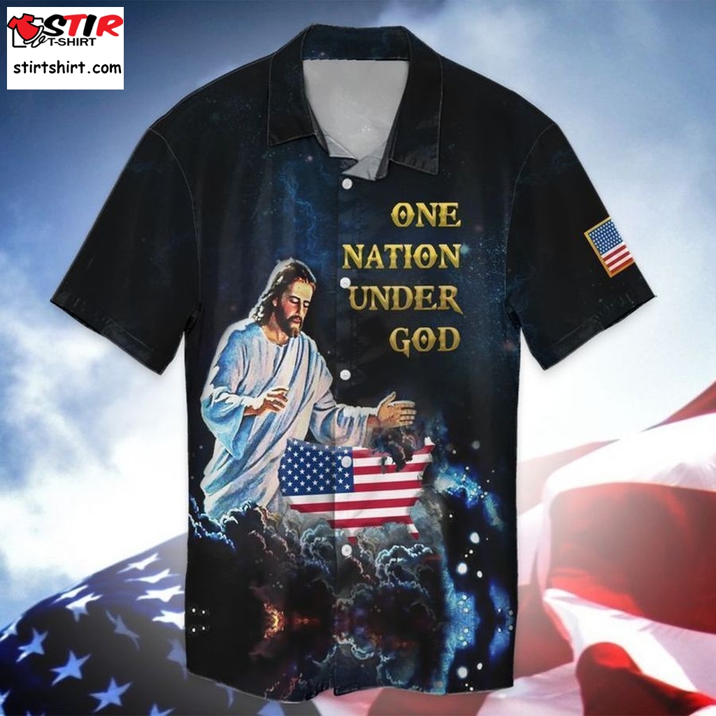 4Th Of July Independence Day American Jesus One Nation Under God Graphic Print Short Sleeve Hawaiian Casual Shirt Y97 Hopper  Hopper 