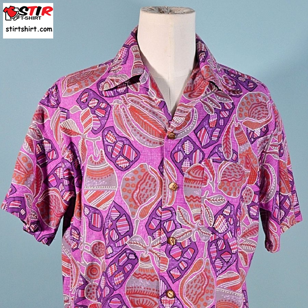 60S70s Hawaiian Aloha Shirt, Tiki Polynesian Pinkpurple Barkcloth  By Barefoot Trader Xl  s Pink