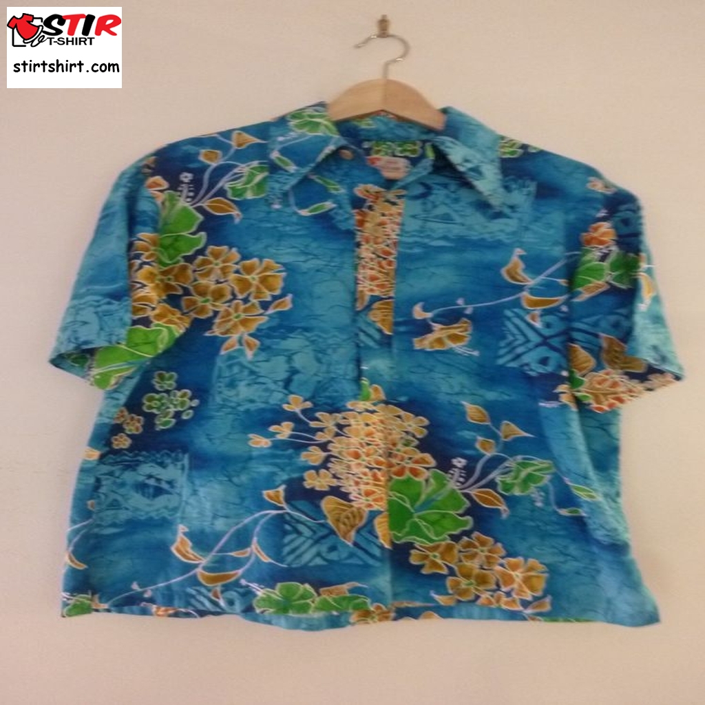 70'S Men's Shirt Hawaiian Beach Style Rayon Tropical Floral Design Pointy Collar Size M Made By Sears For The Hawaiian Fashion Line  Camp Collar 