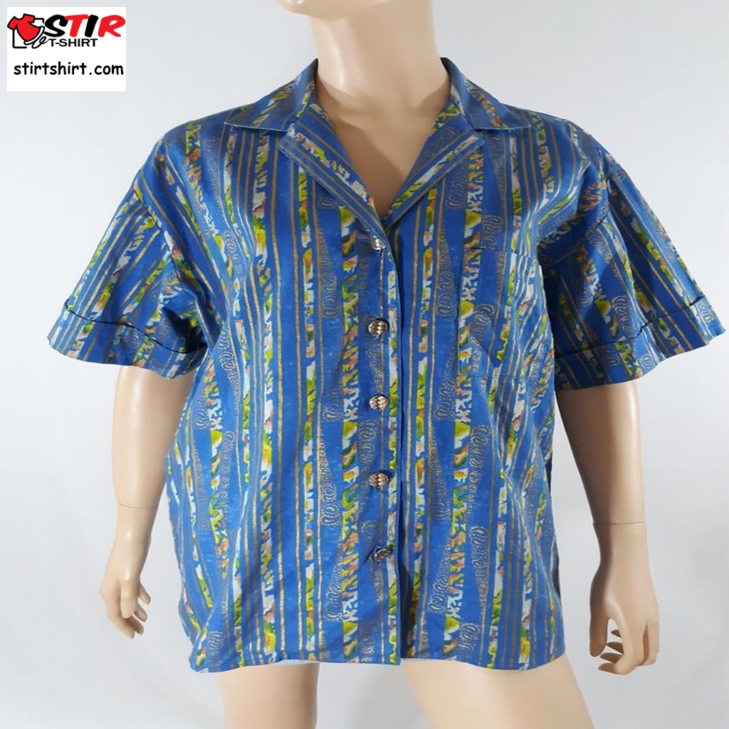 80'S Women's Hawaiian Shirt Short Sleeve Blue Gold Vintage Hawaiian Shirts  Vintage Size L Usa  Vintage s