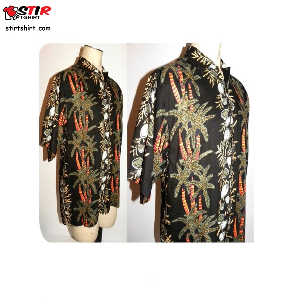 90S Rayon Hawaiian Shirt  Palm Trees And Coconuts On Black  Chest 47  s Black