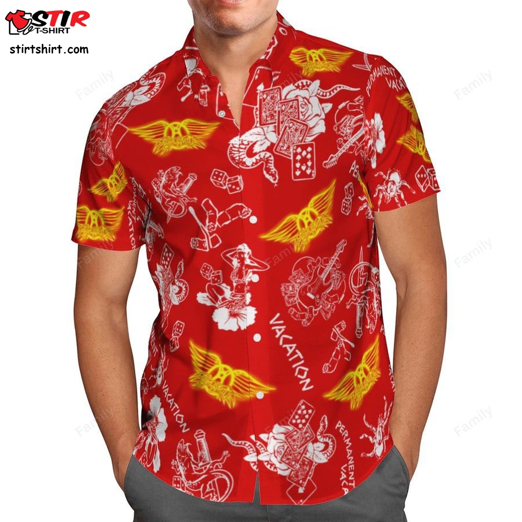 Aerosmith Red Fashion Hawaiian Shirt  Beach Shorts   Red