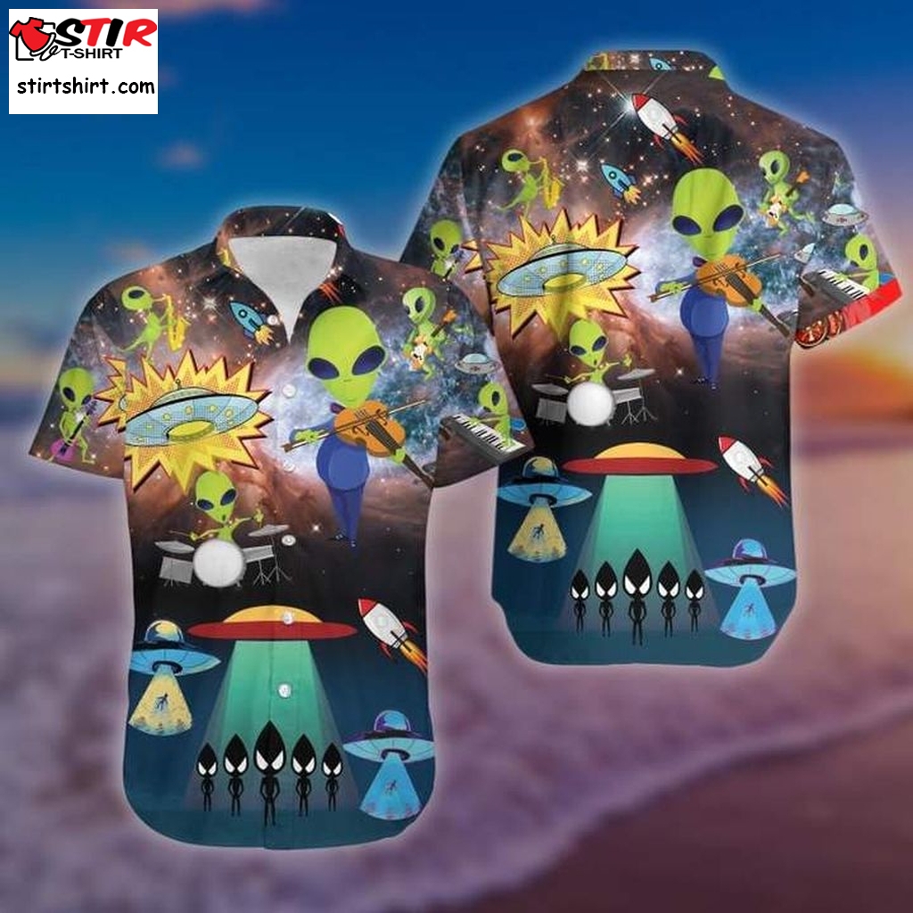 Aliens With Music Hawaiian Saloha Womens Hawaiian Shirts Gift Shirts, Graphic Tee