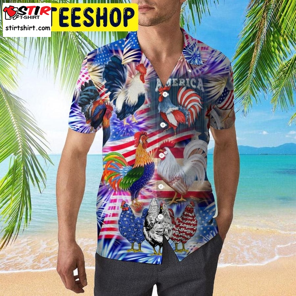 America Rooster Chicken With Fireworks Hawaiian Shirt  Rooster Top Gun 
