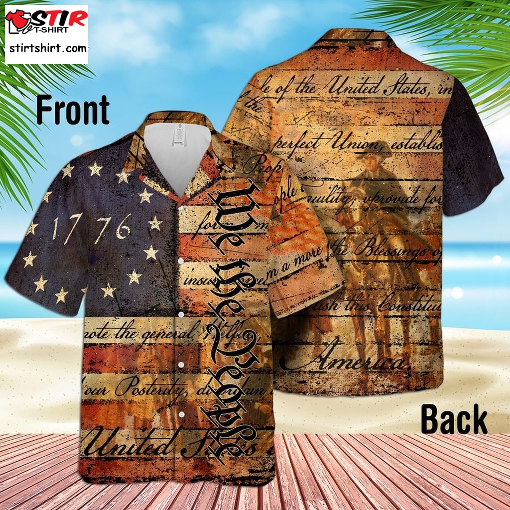 American Flag Button Up Shirt, Vintage 1776 Distress Betsy Ross Flag Hawaii Shirt, Usa