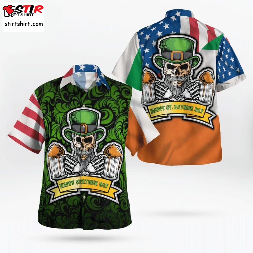 American Irish Flag With Celtic Cross Drinking Skeleton Hawaiian Shirt Cheap Hawaiian Shirts