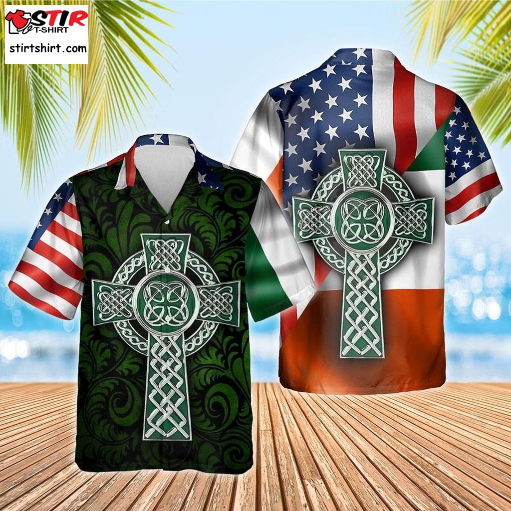 American Irish Flag With Celtic Cross Hawaiian Shirt Cheap Hawaiian Shirts
