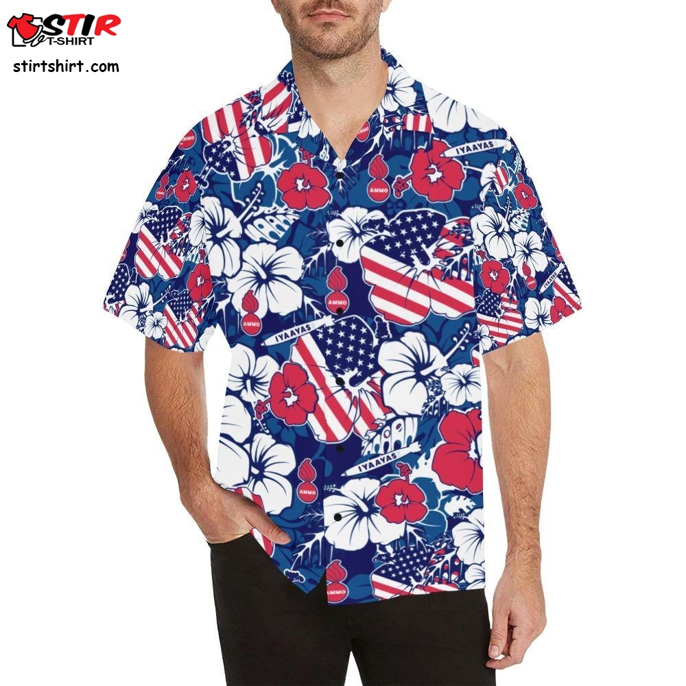Ammo Hawaiian Shirt Red White And Blue Patriotic Flowers Flags Pisspots Bombs