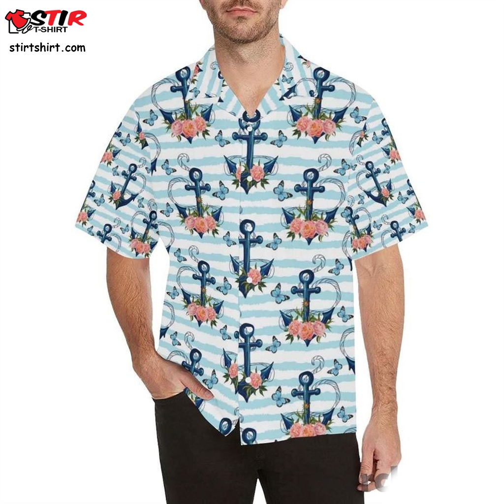 Anchor Flower Blue Stripe Pattern Men's All Over Print Hawaiian Aloha Shirt   Blue