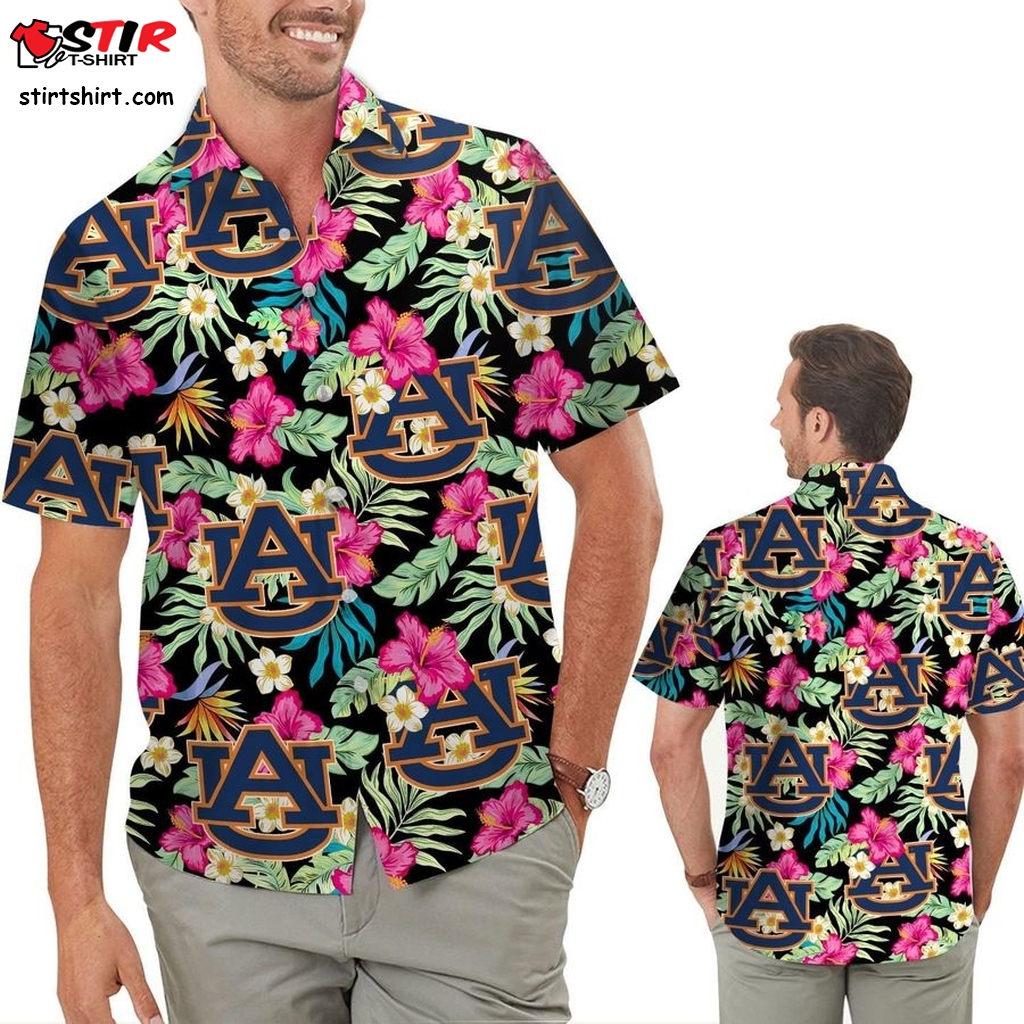 Auburn Tigers Hibiscus Short Sleeve Button Up Tropical Aloha Hawaiian Shirts For Men Women For Sport Lovers In Summer Auburn University  Roundy Bay  Blue