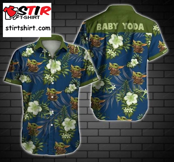 Baby Yoda Green Mandalorian Tropical Flowers Hawaiian Shirt   Green