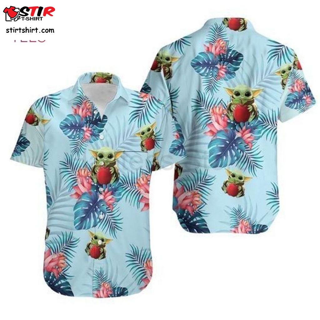 Baby Yoda Hugging Apples Seamless Tropical Colorful Flowers Blue Leaves On Blue Hawaiian Shirt  Luffy 