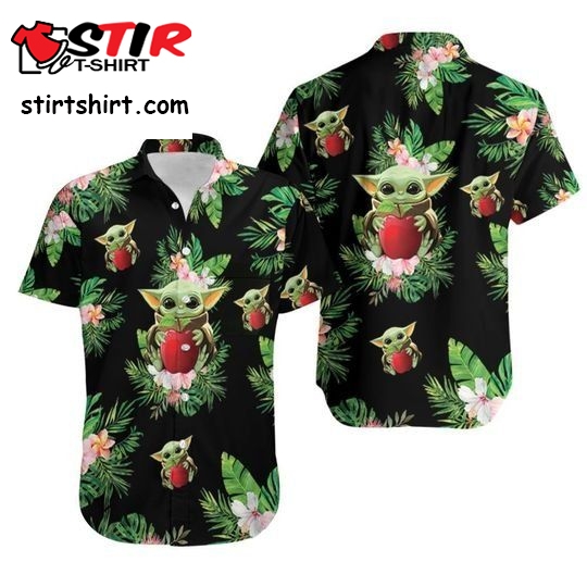 Baby Yoda Hugging Apples Seamless Tropical Green Leaves On Black Hawaiian Shirt   Black