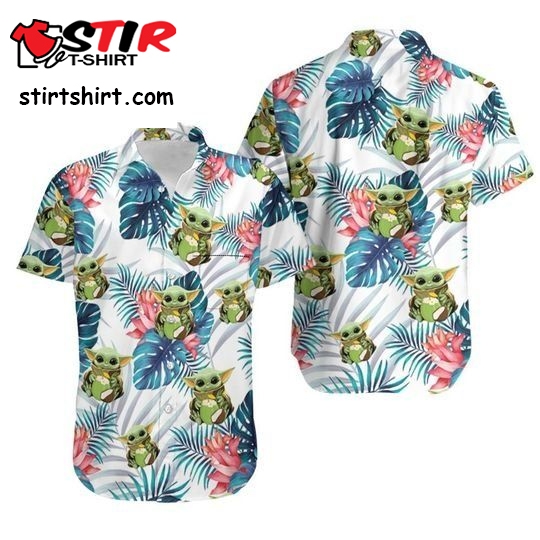 Baby Yoda Hugging Coconuts Seamless Tropical Blue Leaves Colorful Flowers On White Hawaiian Shirt  Luffy 