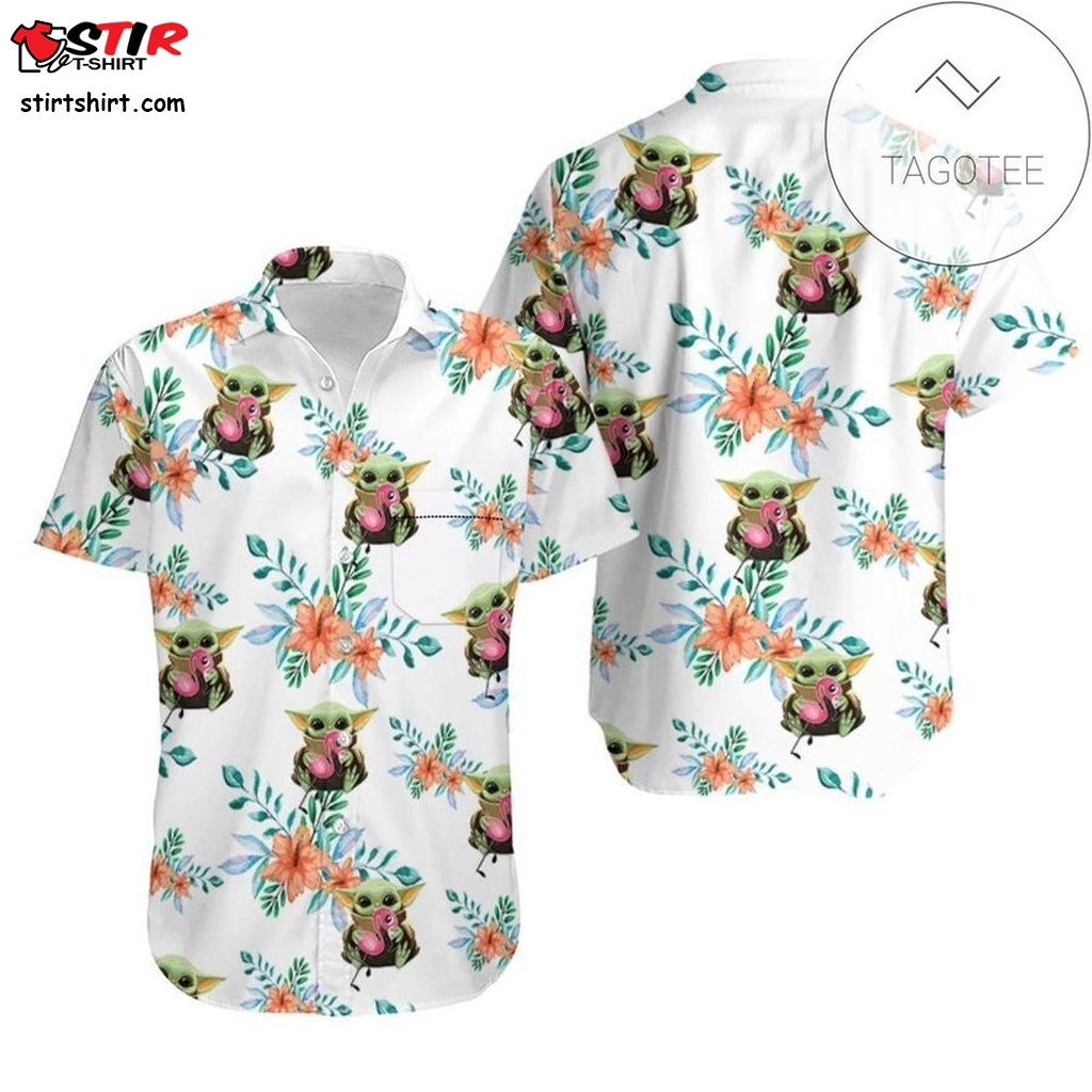 Baby Yoda Hugging Flamingos Seamless Tropical Colorful Flowers On White Authentic Hawaiian Shirt 2023  Baby 