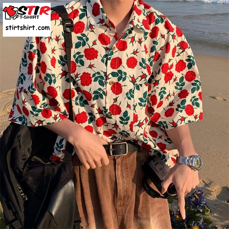 Beach Hawaiian Rose Shirts Vintage Red Floral Button Up Shirt Men Women Loose Casual  Vintage  Womens