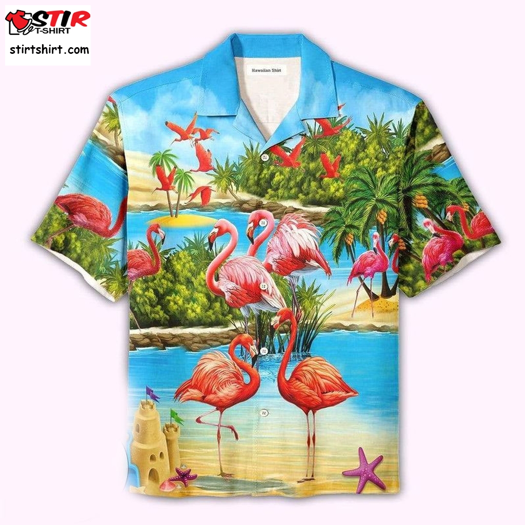 Beautiful Flamingo On The Beach Blue And Pink Unisex Hawaiian Aloha Shirts   Blue