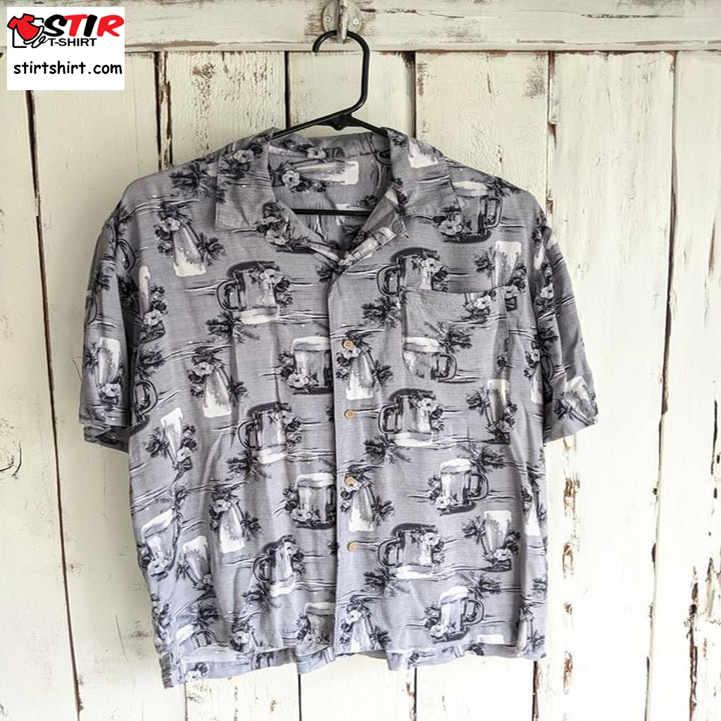 Beer Mug Print Hawaiian Shirt, Men's Breezy Button Up, Size Xlarge, Grey Ocean Colors, Hawaiiana Wear, Retro Island Shirt, Palm Trees  Hawaiian Mens Shirt