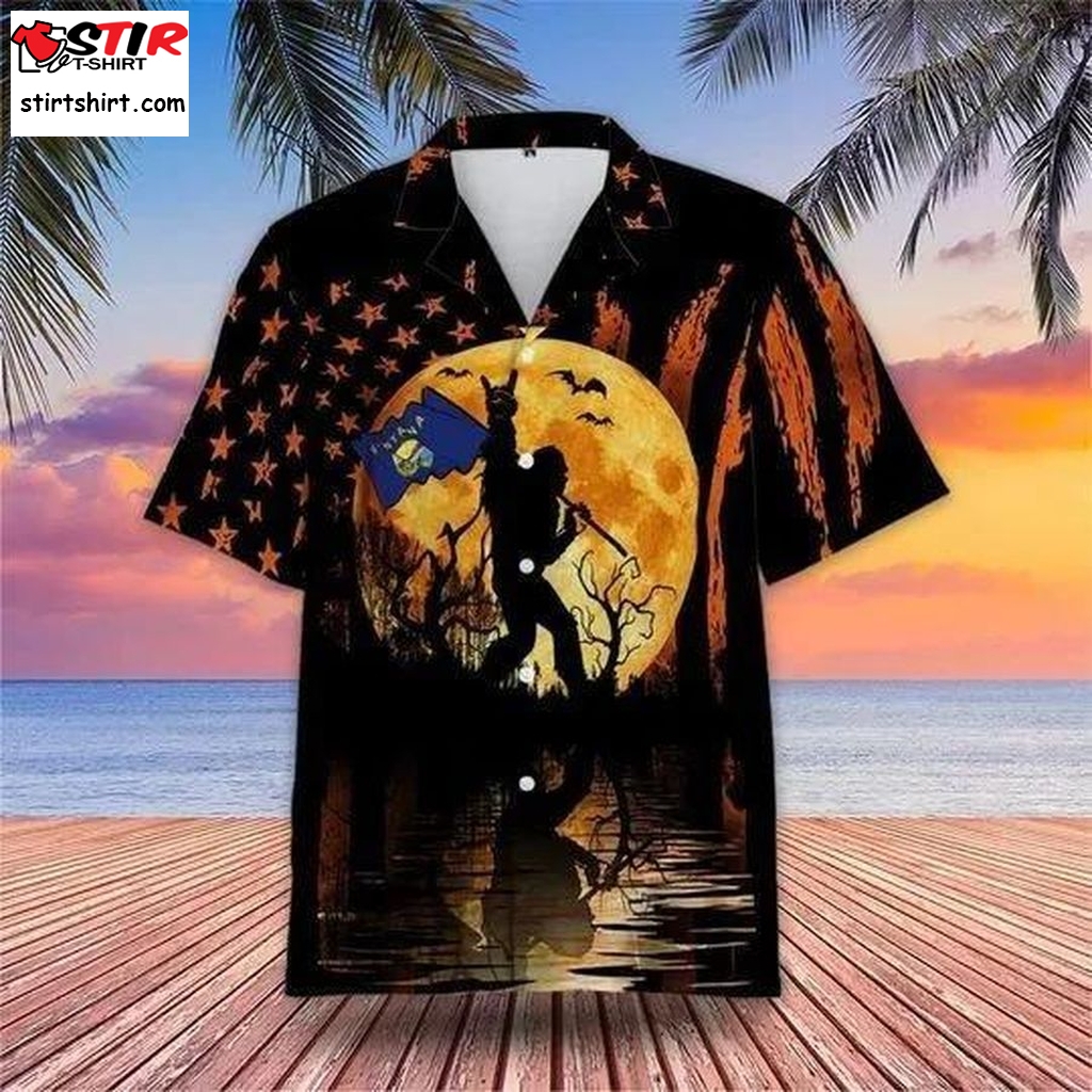 Bigfoot With Montana Flag Halloween Hawaiian Shirt, Print Aloha Short Sleeve Unisex Shirt  Outfit Tony Montana 