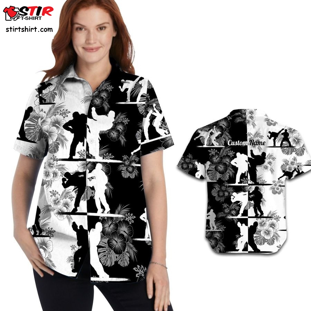 Black And White Boxing Tropical Floral Custom Name Personalized Gifts Women Ladies Hawaiian Shirts