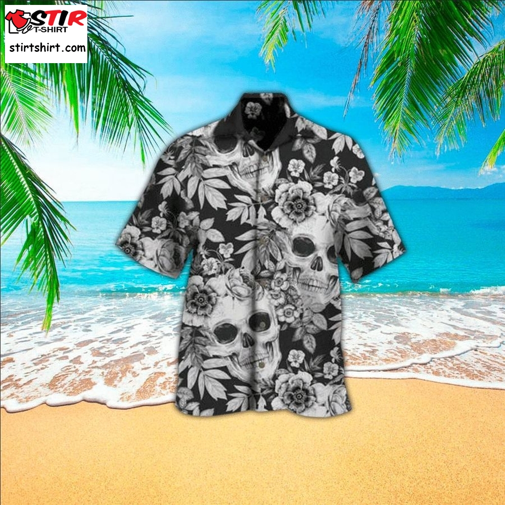 Black And White Floral Skull For Button Down Aloha Hawaii Shirt   Black