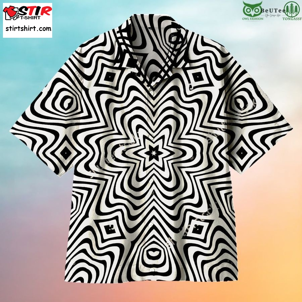 Black And White Hexagonal Ripples Hawaiian Shirt   Black