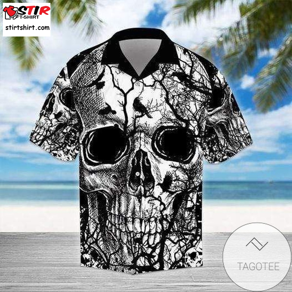 Black And White Skull With Bird Authentic Hawaiian Shirt 2023   Black