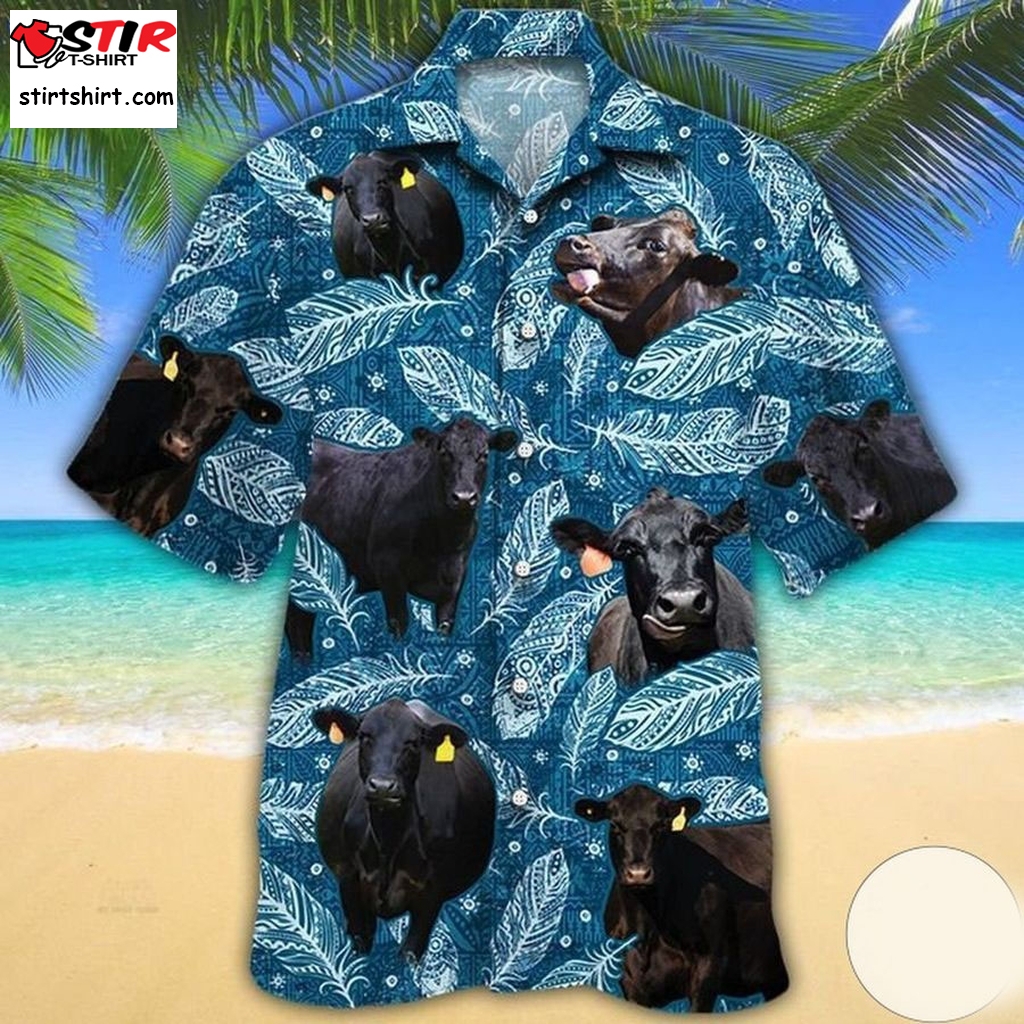 Black Angus Cattle Lovers Blue Feather Hawaiian Shirt  s Black