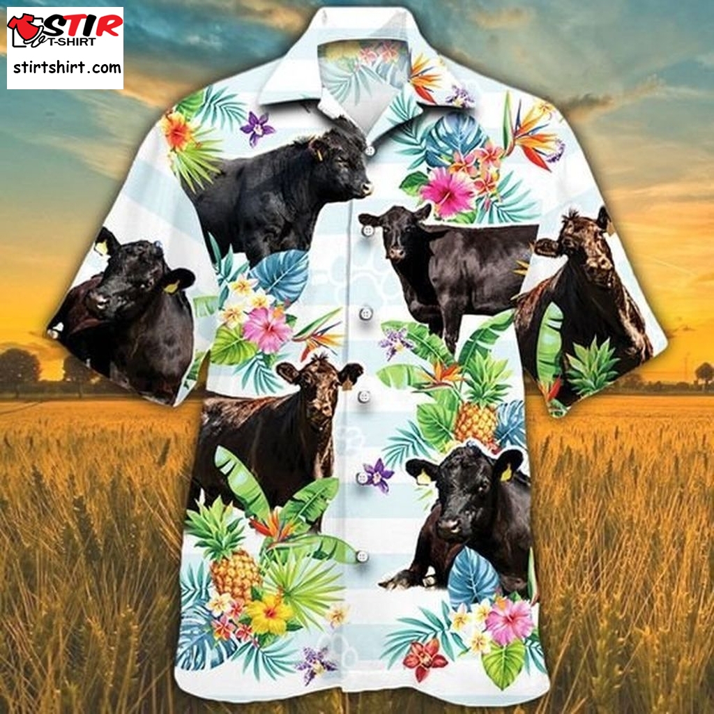Black Angus Cattle Pineapple Tropical Flower Hawaiian Shirt  s Black