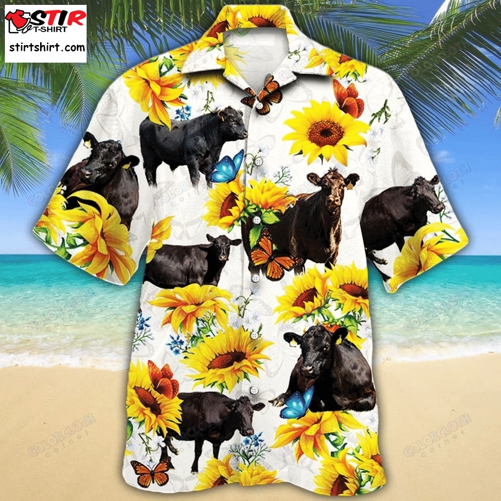 Black Angus Cattle Sunflower Lover Hawaiian Shirt Tv056015  s Black