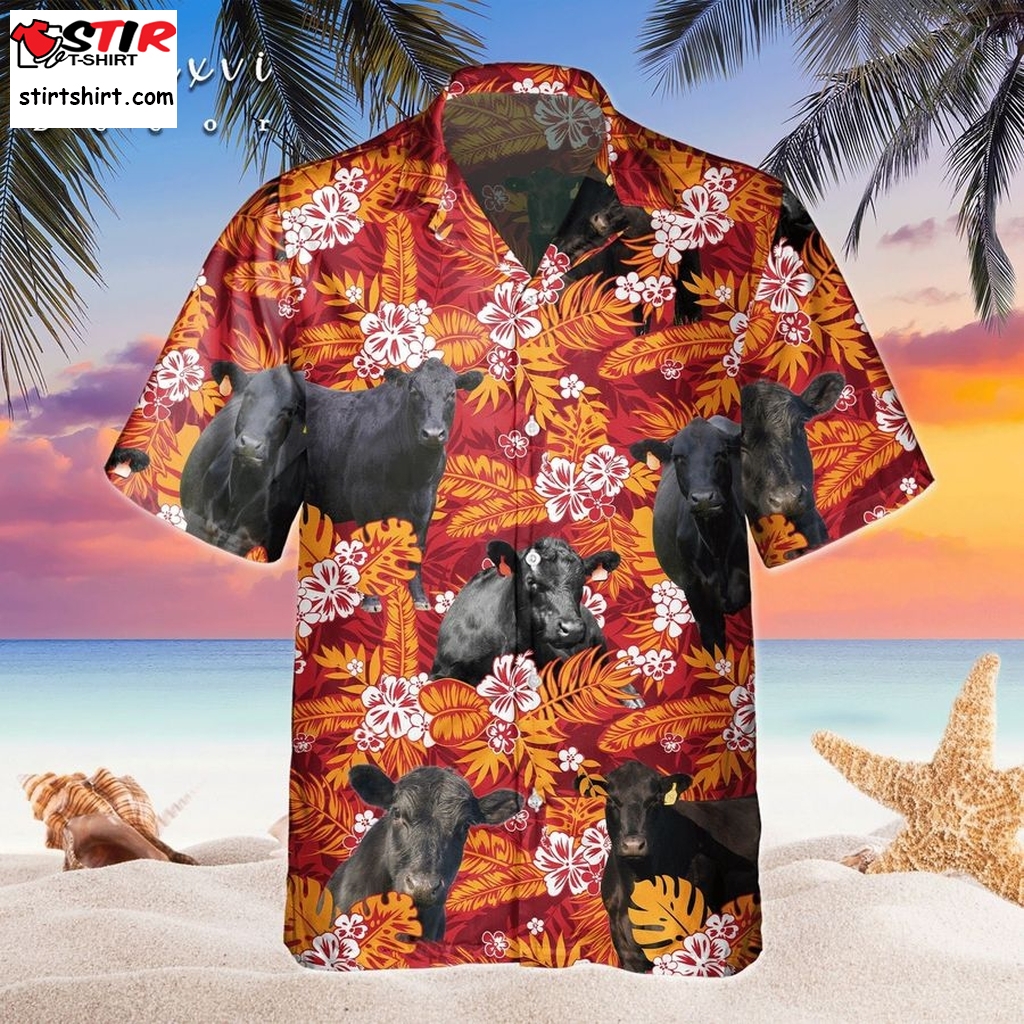 Black Angus Cow Hawaiian Shirt, Beach Shirt With Red Orange Hibiscus Floral For Farm Lovers, Cattle Summer Vacation Aloha Shirt, S 5Xl