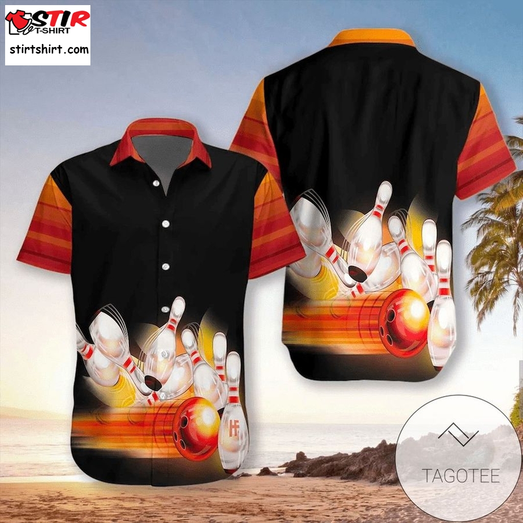Black Burning Bowling Ball And Pin Tropical Unisex Hawaiian Aloha Shirts  s Black