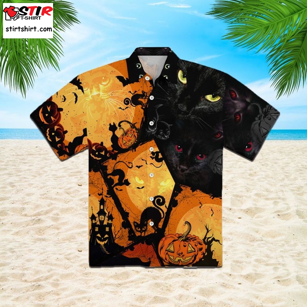 Black Cat 3D All Over Print Button Design For Halloween Hawaii Shirt  s Black