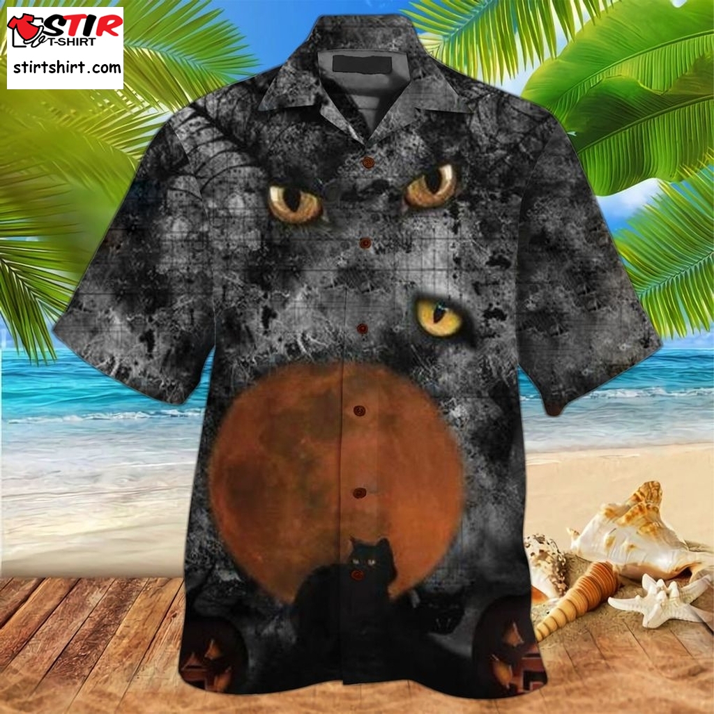 Black Cat 3D All Over Print Summer Button Design For Halloween Hawaii Shirt  s Black