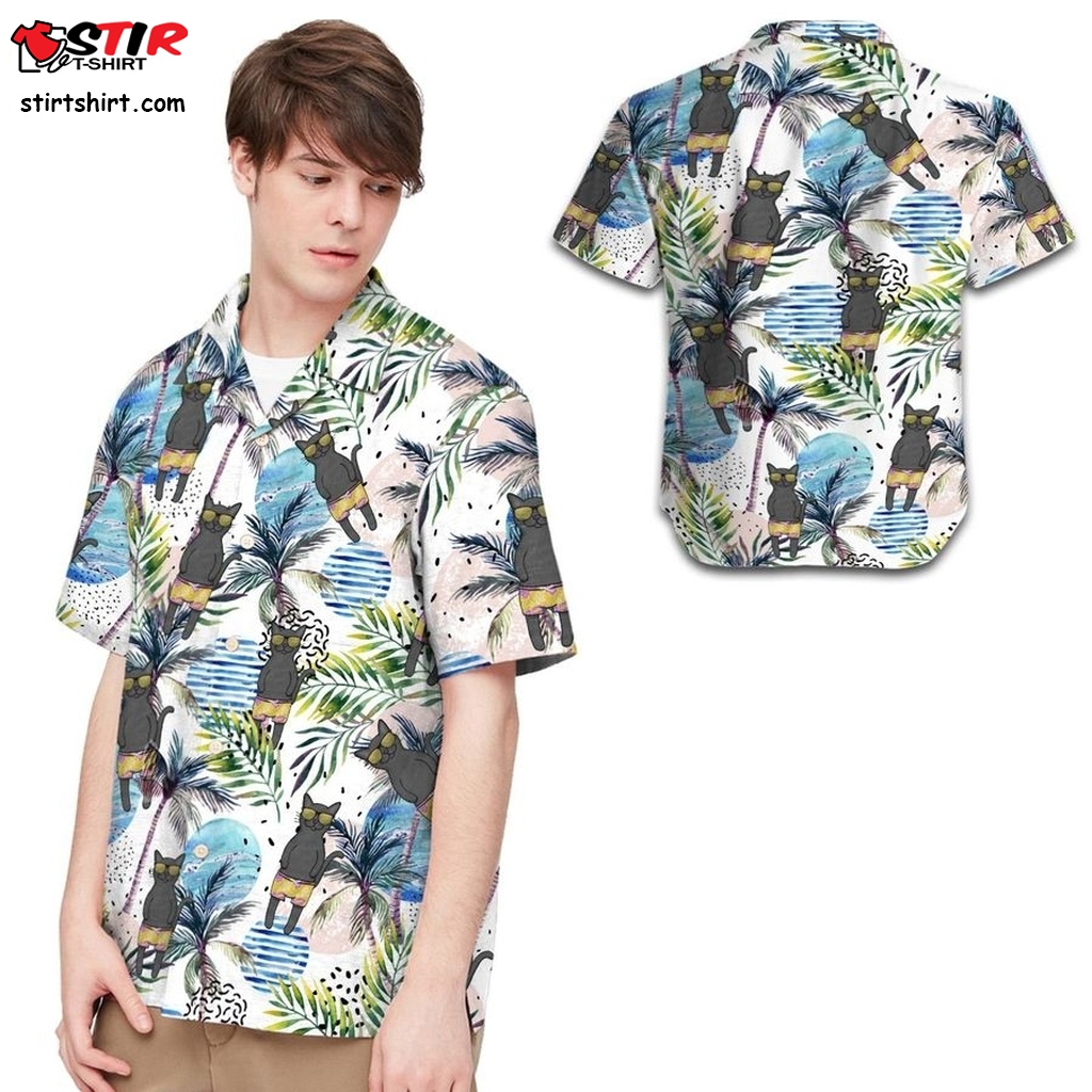 Black Cat And Beach Men Hawaiian Shirt For Pet Lovers In Daily Life  s Black