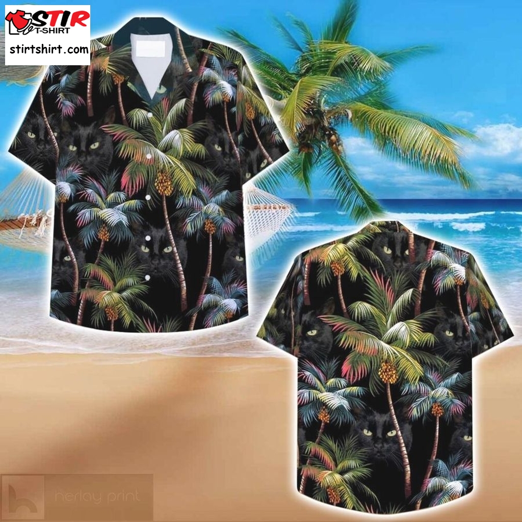 Black Cat And Palm Tree Hawaiian Shirt  s Black