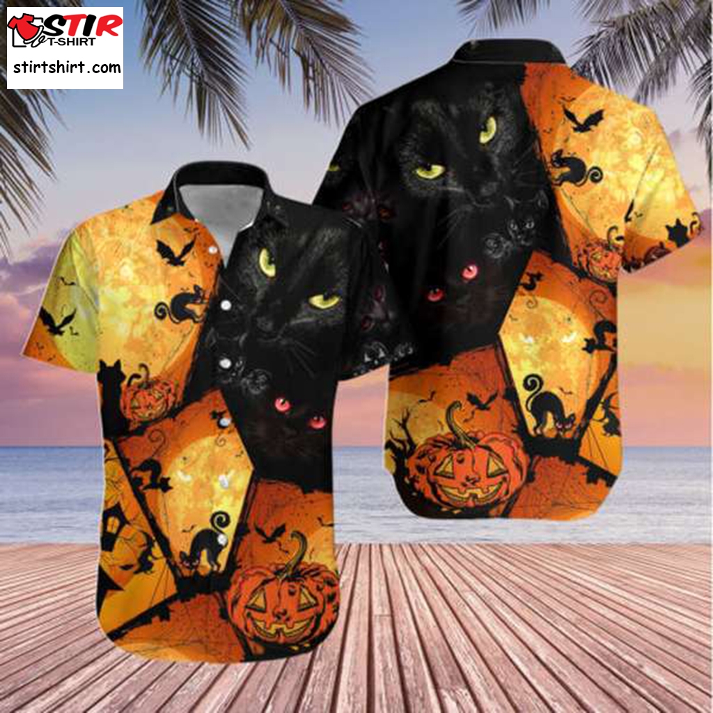 Black Cat And Pumpkin Halloween Costume Hawaiian 3D Shirt Style   Halloween Costume