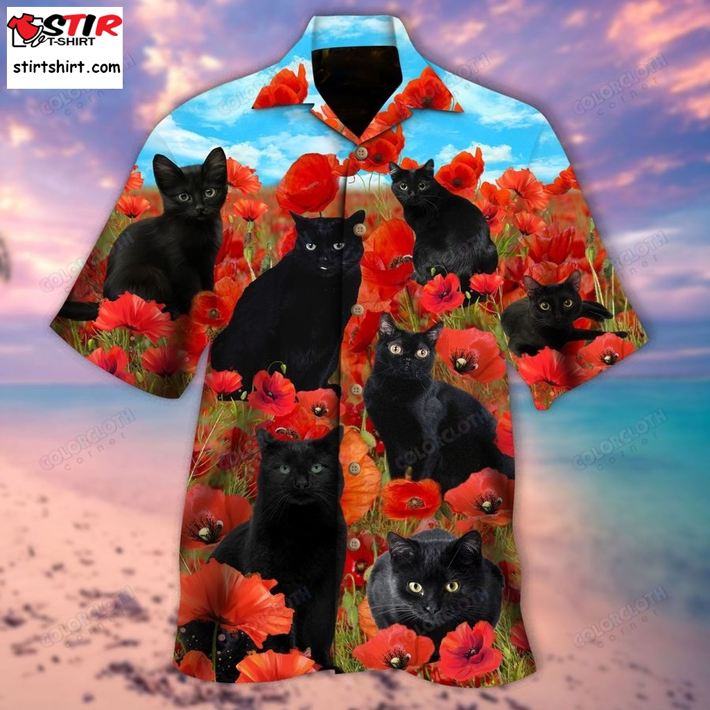 Black Cat Behind The Poppy Flowers Unisex Hawaiian Shirt Tv045227  s Black
