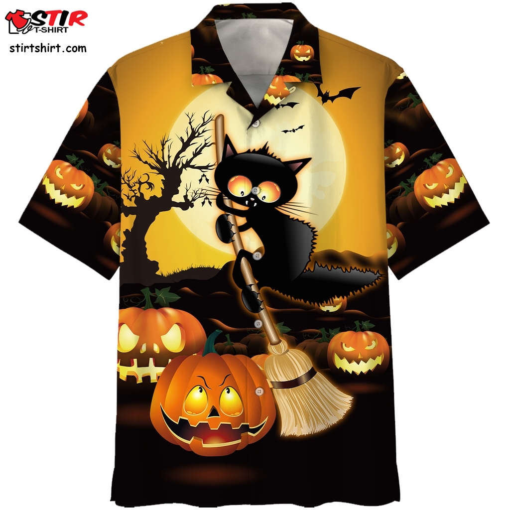 Black Cat Broom Sweep Halloween Hawaiian Shirt  s Black