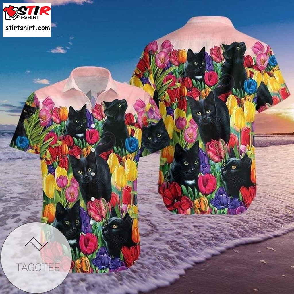 Black Cat Dream And Tulip Garden Authentic Hawaiian Shirt 2023S 220221L  s Black