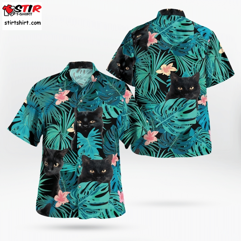 Black Cat Flower Hawaiian Beach Shirt  s Black