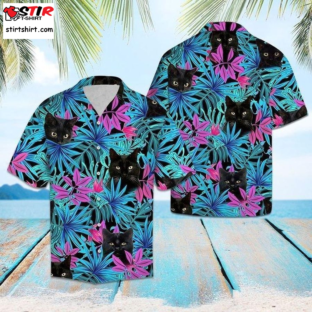 Black Cat Tropical Hawaiian Shirt Pre13492, Hawaiian Shirt, Gun Hawaiian Shirts Graphic Tee  Gun s