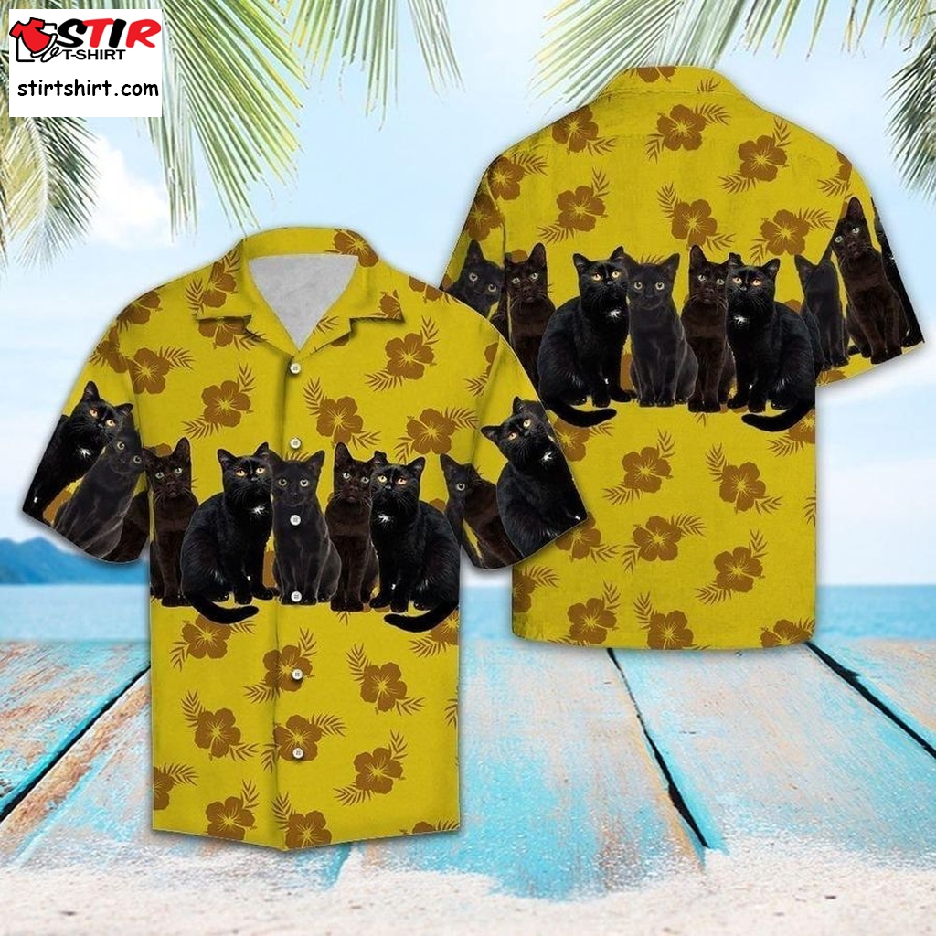 Black Cat Yellow Floral Summer Hawaiian Shirt Pre13498, Hawaiian Shirt, Beach Shorts, One Piece Swimsuit, Polo Shirt, Funny Shirts, Gift Shirts  Gun s
