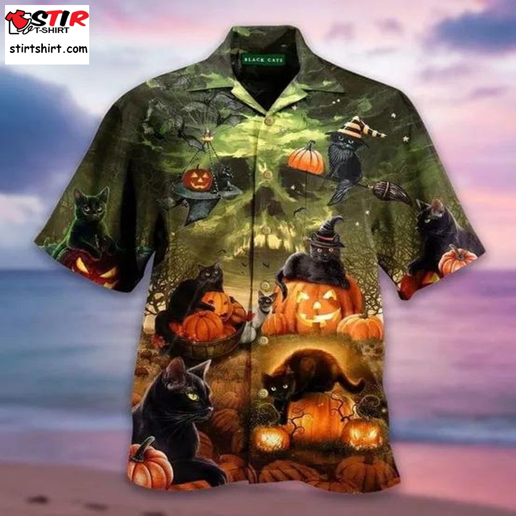 Black Cats Halloween Hawaiian Shirt, Print Aloha Short Sleeve Unisex Shirt  s Black