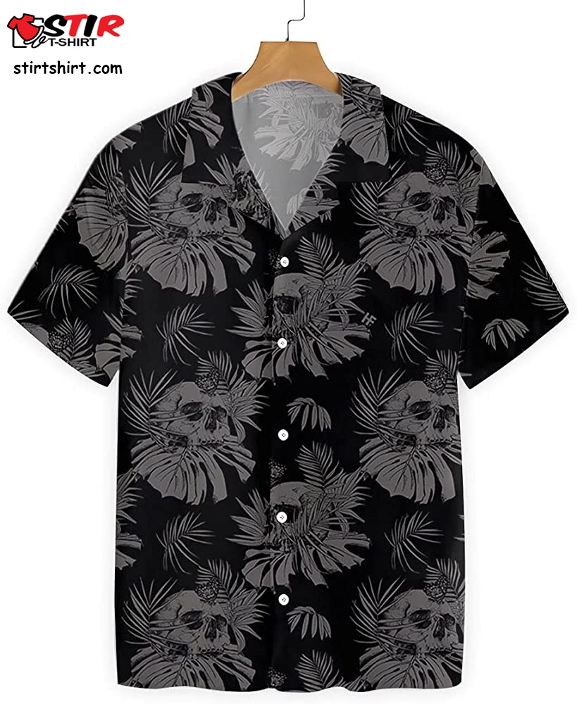 Black Goth Shirts For Men   Seamless Gothic Skull With Butterfly   Casual Short Sleeve Goth Hawaiian Shirts  s Black